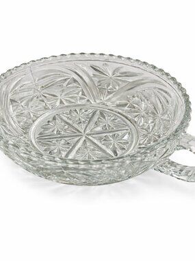 CD-03-Vintage Pressed Glass Handled Serving Dish Starburst Clear Nappy Bowl